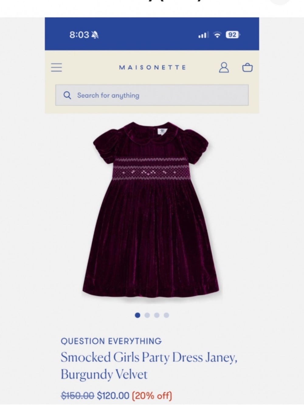 Burgundy Velvet Smocked Girls' Party Dress - Janey